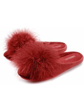 Women's Red Fuzzy Velvet Memory Foam Indoor House Non-slip Lightweight Slipper